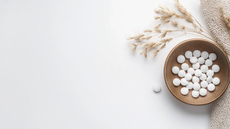 A serene flatlay featuring white tablets in a wooden bowl, surrounded by dried grasses and neutral textiles, perfect for health and wellness themes.の素材