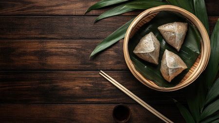 A beautiful arrangement of traditional Asian dumplings in a bamboo steamer, surrounded by green leaves and chopsticks. Perfect for food photography.の素材