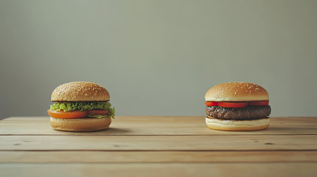Two delicious burgers sit side by side on a wooden table, showcasing fresh ingredients and a classic design, perfect for a mouthwatering meal.の素材