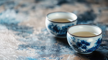 Two delicate ceramic tea cups feature intricate blue floral designs on a textured surface, evoking a sense of calm and warmth in traditional culture.の素材