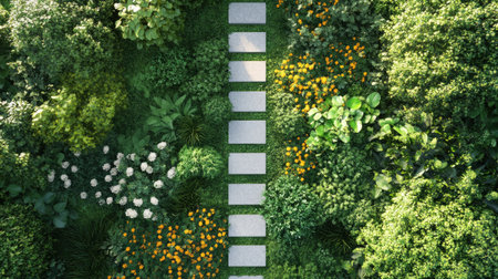 A captivating overhead view of a garden pathway lined with stones, surrounded by lush greenery and vibrant flowers, creating a serene and beautiful outdoor space.の素材