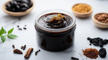 A glass jar filled with dark brown sauce accompanied by various spices and herbs, showcasing a rich and aromatic culinary ingredient perfect for enhancing dishes.の素材