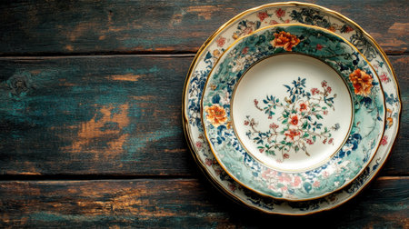 A beautiful arrangement of elegant floral dinner plates stacked on a rustic wooden table, showcasing intricate designs and colorful patterns, perfect for food photography or dining ambiance.の素材