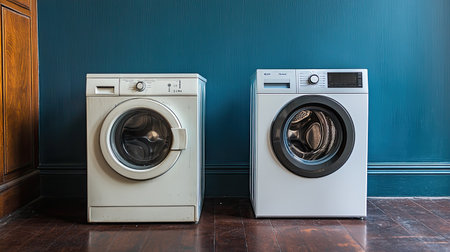 A modern laundry room featuring two distinct washing machines side by side. The elegant design highlights functionality in a stylish interior space.の素材
