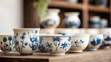 Discover a stunning arrangement of porcelain tea cups featuring intricate blue floral designs. Perfect for enhancing kitchen aesthetics and inviting relaxation.の素材