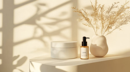 A minimalist skincare display featuring a cream jar and herbal essence bottle, complemented by a delicate floral arrangement. The soft sunlight creates calming shadows, enhancing the serene atmosphere.の素材