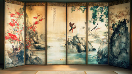 This traditional Japanese screen features exquisite nature paintings with vibrant flowers and serene landscapes, adding elegance and tranquility to any interior space.の素材