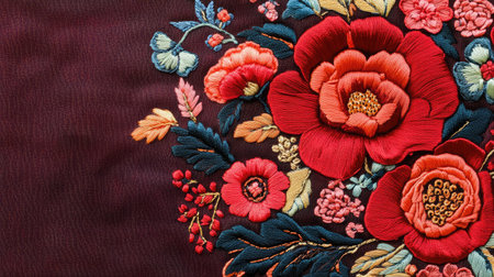 This vibrant embroidered fabric features bold red and pink flowers against a textured background. Perfect for textile art enthusiasts and decorators.の素材