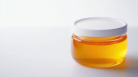 A glass jar filled with golden honey showcasing its smooth texture and vibrant color. The white lid enhances the simplicity and elegance of this natural product.の素材