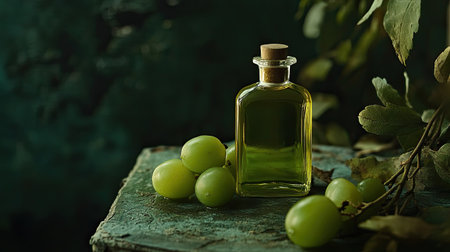 A stunning glass bottle of olive oil sits alongside fresh green grapes on a rustic wooden table, creating an inviting and healthy culinary scene.の素材