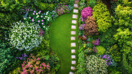 Aerial view of a lush garden pathway bordered by colorful, blooming flowers, creating a serene and inviting outdoor space perfect for relaxation and enjoyment.の素材