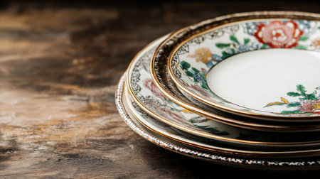 Discover a beautiful arrangement of elegant antique china plates stacked gracefully on a rustic wooden table. Perfect for showcasing vintage charm.の素材