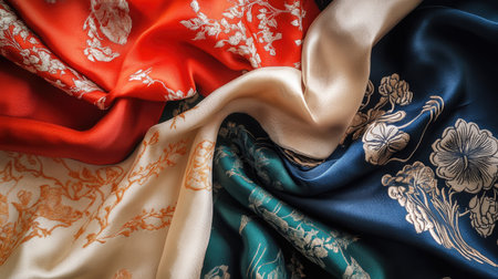 Discover the beauty of elegant silk fabric featuring intricate floral patterns in vibrant colors. Perfect for fashion, decor, or creative projects.の素材