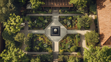 Discover a peaceful garden oasis featuring vibrant greenery, a central fountain, and well-designed pathways, perfect for relaxation and nature appreciation.の素材