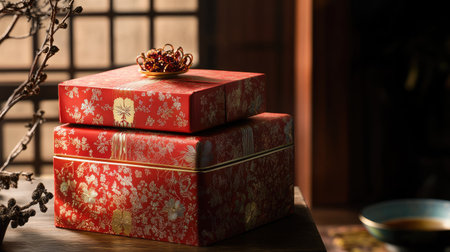 Two beautifully designed red gift boxes with floral patterns bathed in soft light, adding a touch of elegance and warmth to any festive occasion or celebration.の素材