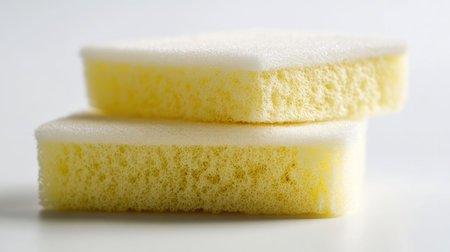 These close-up images showcase yellow sponges designed for effective cleaning tasks in the kitchen, highlighting their absorbent texture and utility.の素材