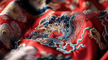 Discover the beauty of detailed embroidery on vibrant red fabric, showcasing intricate patterns and luxurious threads. Perfect for artistic inspiration.の素材