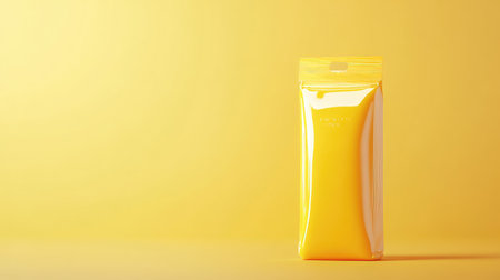 A vibrant yellow packaging stands prominently against a matching yellow background. This modern design showcases smooth surfaces, perfect for product marketing and advertising.の素材
