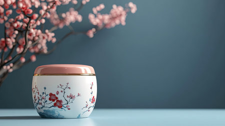 This elegant floral decorated jar showcases cherry blossoms against a soft blue backdrop, creating a serene and artistic atmosphere perfect for home decor.の素材