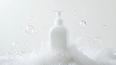 A minimalist white lotion bottle emerges from a rich foam, surrounded by floating bubbles. This image captures freshness and purity, perfect for beauty and skincare themes.の素材