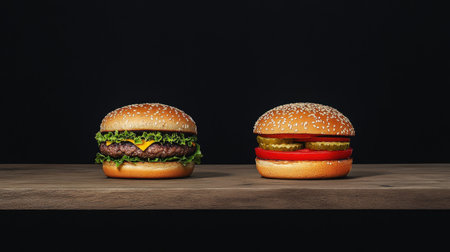 A striking image featuring two enticing burgers on a wooden surface against a dark backdrop. The left burger boasts juicy beef with cheese and lettuce, while the right showcases vibrant toppings.の素材