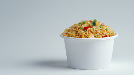 A vibrant cup of flavorful instant noodles topped with fresh vegetables, perfect for a quick meal or snack. Ideal for culinary presentations or food photography.の素材