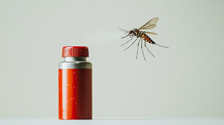 A close-up image featuring a mosquito flying towards a red insect spray bottle. The minimalist background emphasizes the context of pest control and health.の素材