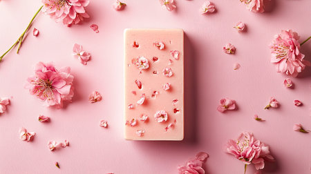 A serene flat lay of soft pink soap adorned with delicate flower petals, creating a tranquil and aesthetic display suitable for skincare and beauty themes.の素材
