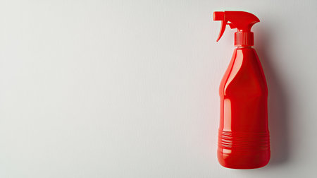 A bright red spray bottle isolated on a light background, ideal for cleaning and maintenance tasks in households or workplaces, showcasing a modern design.の素材