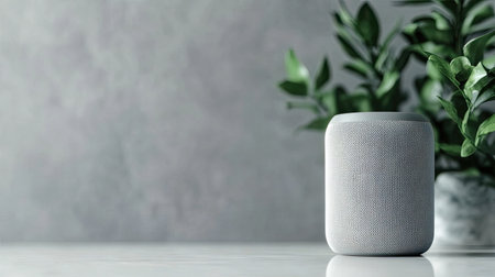 A sleek and modern smart speaker sits elegantly beside a lush green plant, set against a soft gray background, capturing a sophisticated and minimalist home decor aesthetic.の素材