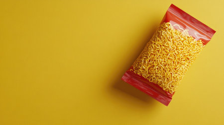 A vibrant image of a bright yellow pack of instant noodles resting on a solid yellow background, perfect for food marketing, packaging design, and culinary ideas.の素材