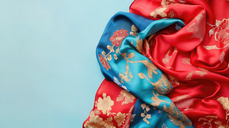 A vibrant silk fabric featuring intricate floral patterns in red and blue. Perfect for fashion, interior design, or artistic projects with color and texture.の素材