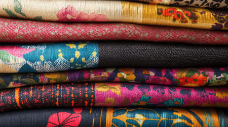 A vibrant collection of colorful fabrics stacked neatly, showcasing beautiful floral patterns and rich textures ideal for fashion and home decor.の素材