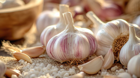 A vibrant arrangement of fresh garlic bulbs and cloves accompanied by coarse sea salt, showcasing rustic elements perfect for culinary-themed projects or food photography.の素材