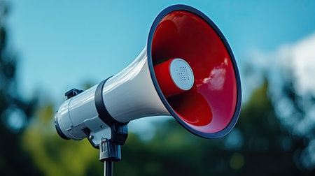 A vibrant megaphone on a stand stands tall against a clear sky, surrounded by trees. This image captures the essence of effective communication and public speaking.の素材