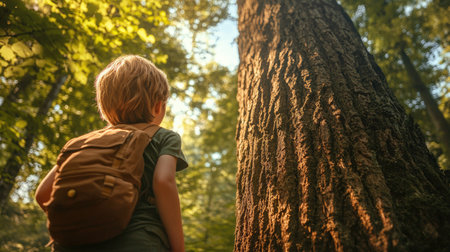 A young boy with a backpack stands in awe, gazing up at a towering tree, bathed in warm sunlight. The scene captures the essence of childhood curiosity in a peaceful forest.の素材