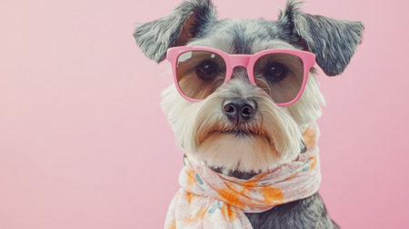 A stylish dog wearing pink sunglasses and a colorful scarf poses against a vibrant pink background, showcasing its playful and charming personality.の素材