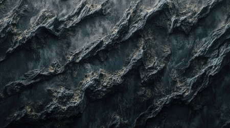 A close-up view of a textured dark stone surface featuring wavy patterns. The rugged design creates a sense of depth and visual interest, perfect for background use.の素材