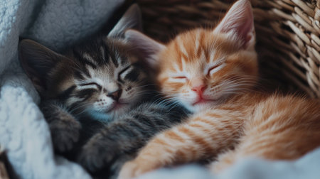 Two adorable kittens, one gray and one orange, sleep peacefully together in a cozy basket. Their soft fur and relaxed expressions create an atmosphere of warmth and comfort.の素材