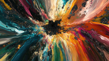 A vibrant abstract artwork showcasing an explosion of colors swirling dynamically. Rich textures and fluid movements capture the essence of creative expression and energy.の素材