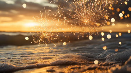 A stunning beach scene featuring vibrant fireworks against a golden sunset. The sparkling light dances on the gentle waves, creating a magical and festive atmosphere.の素材