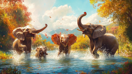 A lively scene depicting a group of elephants joyfully splashing in a river during autumn. Enveloped in vibrant foliage, this image captures the essence of nature's beauty and family bonds.の素材