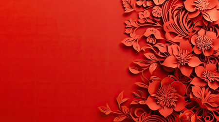 This captivating red floral paper cut design features intricate details and textures, perfect for backgrounds. Ideal for seasonal decorations and artistic projects.の素材