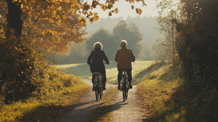 Two cyclists enjoy a tranquil ride along a sunlit path surrounded by vibrant autumn foliage, capturing the essence of outdoor leisure and connection.の素材