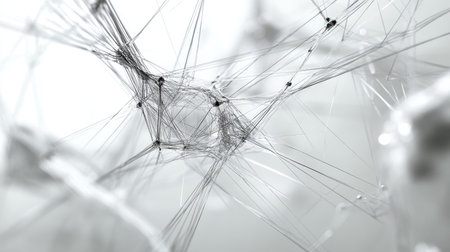 This abstract image showcases a network of fine lines and nodes in a monochrome palette, symbolizing connection and modern technology, emphasizing complex interactions.の素材