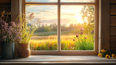 A stunning view of a sunrise through a rustic window framed by blooming flowers, highlighting the beauty of nature in a serene countryside setting.の素材