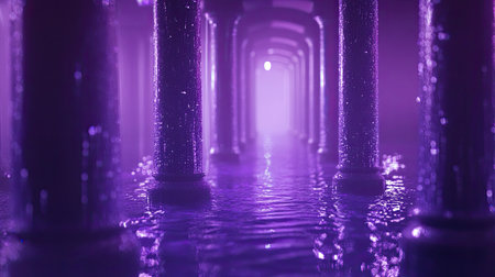 A captivating scene showcasing purple light illuminating a serene waterway surrounded by columns, creating a mystical and tranquil atmosphere for reflections.の素材