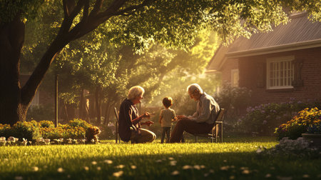 An elderly couple enjoys a joyful moment with their grandchild in a vibrant garden. Sunlight filters through the trees, creating a serene and warm atmosphere.の素材