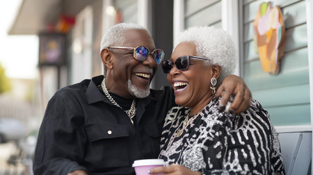 A joyful elderly couple shares a moment of laughter and love outdoors. They embrace each other warmly, showcasing happiness and connection in a vibrant setting.の素材