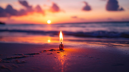 A captivating view of a candle flame flickering on a beach at sunset. Soft ocean waves lap against the shore, creating a serene atmosphere filled with vibrant colors.の素材